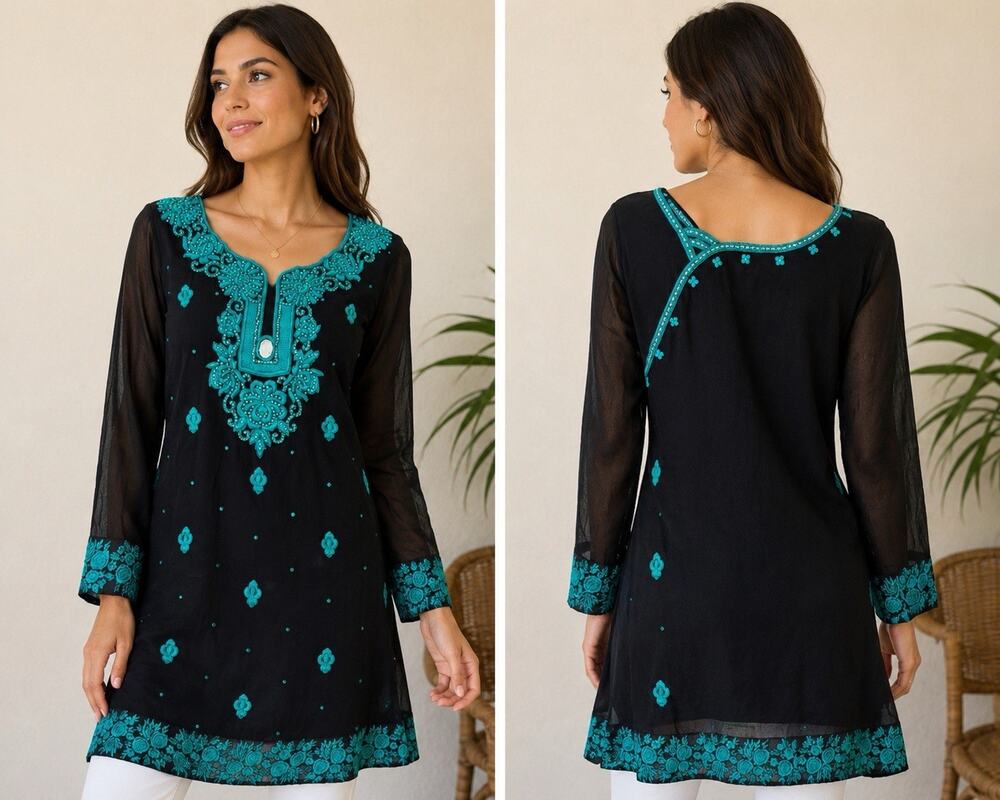 Black & Turquoise Embroidered Tunic Dress XS